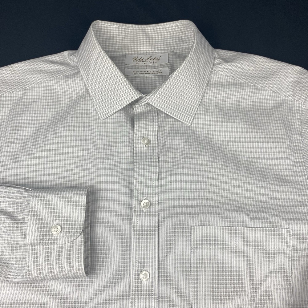 Roundtree & Yorke Gold Label Dress Shirt Mens 16.5-33 Gray Check Slim Fit NoIron